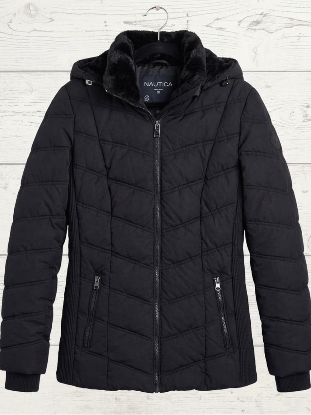Nautica Women's Black Detachable Hood Full Front Zipper Puffer Jacket SZ M